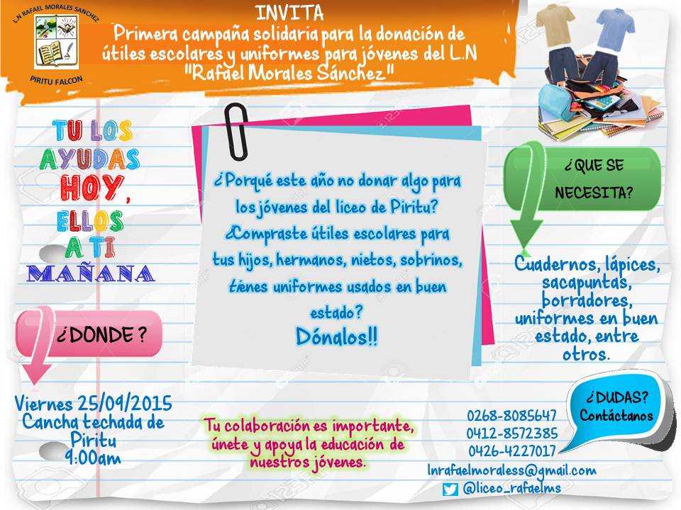 HijosdePiritu's tweet photo. Este viernes Jornada de donación de útiles y uniformes escolares en el Liceo Rafaél Morales Sánchez #Píritu #Falcón http://t.co/FSmhXvkoWh