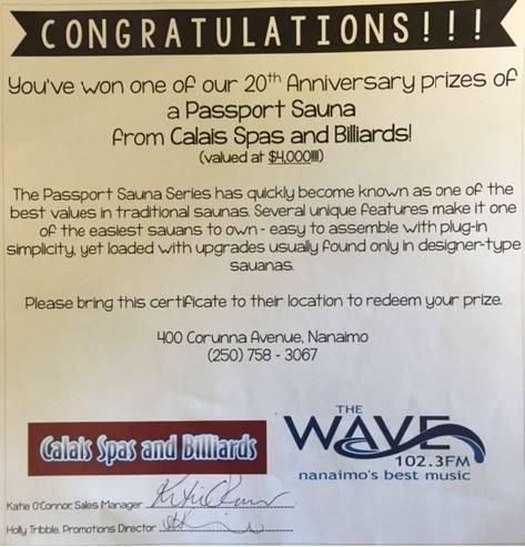 CalaisSpas's tweet photo. Celebrated @1023TheWave 20th anniversary by giving away a $4000 sauna! Congratulations to David, the lucky winner!!! http://t.co/YEbFVyVPa3
