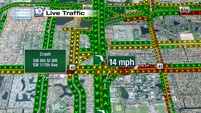Crash on SW 8th St WB, just east of the Turnpike. Speeds at 14mph #traffic #miami @JeniseFernandez http://t.co/nfrhdf3pJO