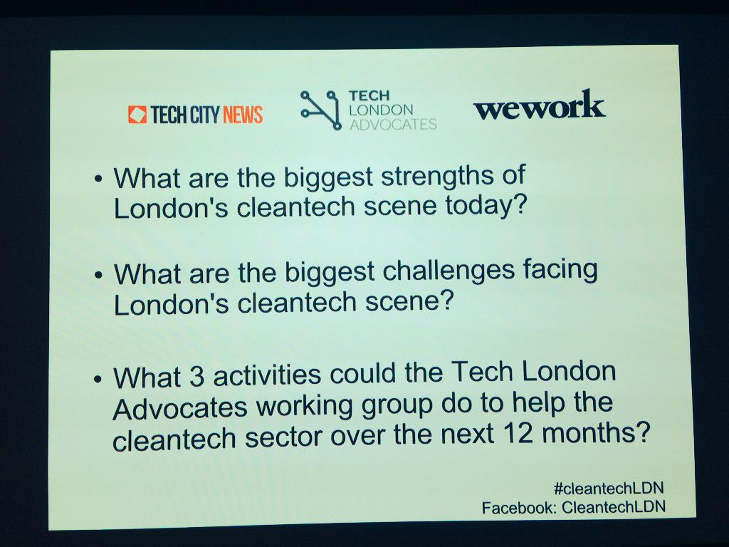 UKTNofficial's tweet photo. The questions for tonight's @TechLondonAdv #cleantechLDN working group http://t.co/cZTYDQZpsz