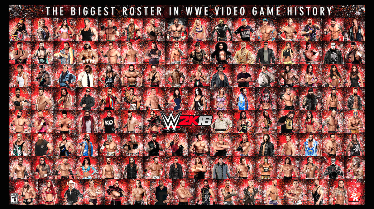 WWE's tweet photo. It's the biggest roster in @WWEgames HISTORY, and it's ONLY in #WWE2K16, available October 27! http://t.co/ouJqlGDprY http://t.co/SsgDYoHy5u