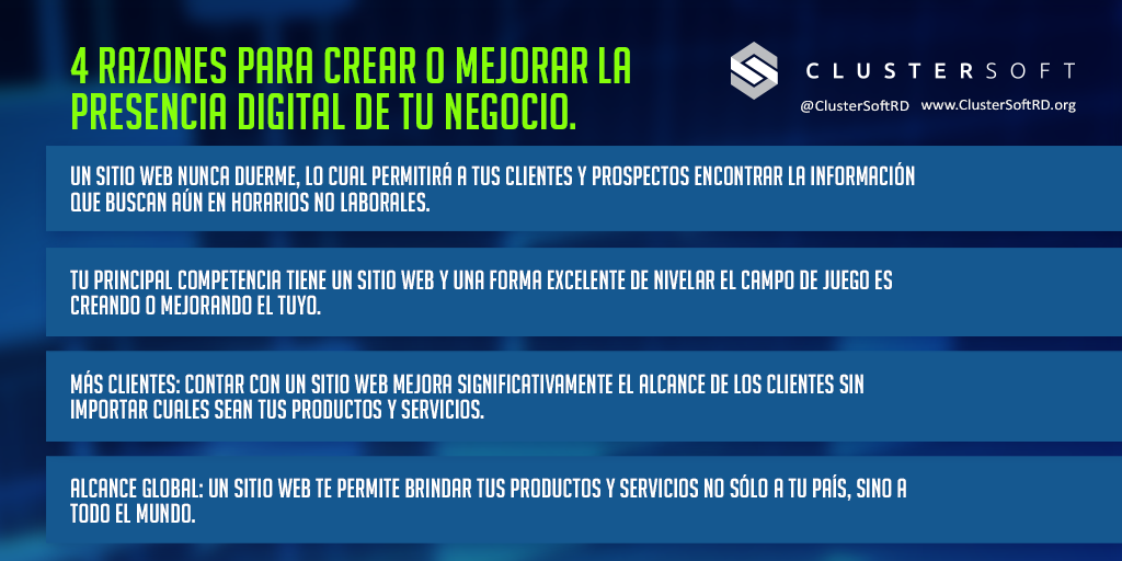 ClusterSoftRD's tweet photo. 4 Razones para crear o mejorar la presencia digital de tu negocio. #ClusterSoft http://t.co/WdCYiBa3DF