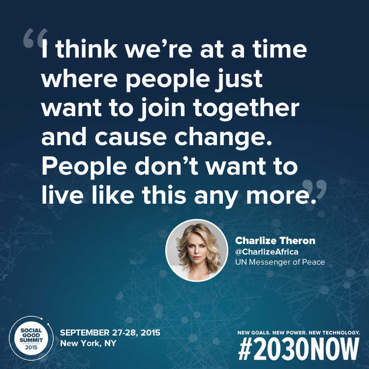UN's tweet photo. Thanks to @CharlizeAfrica for calling attention to the upcoming Social Good Summit! #2030now http://t.co/g9wf9HxI71 http://t.co/d9GR27gBZK