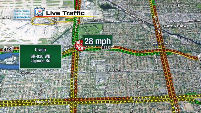 Crash on Dolphin Expy WB at Lejeune Rd. Speeds at 28mph #traffic #miami @JeniseFernandez http://t.co/seEO53pSeG
