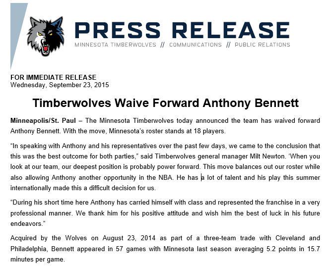 Timberwolves Waive Forward Anthony Bennett