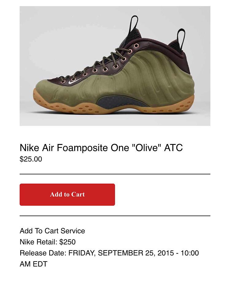 OutofLineClub's tweet image. Nike Air Foamposite One "Olive" Add To Cart Service is now available outoflineclub.com