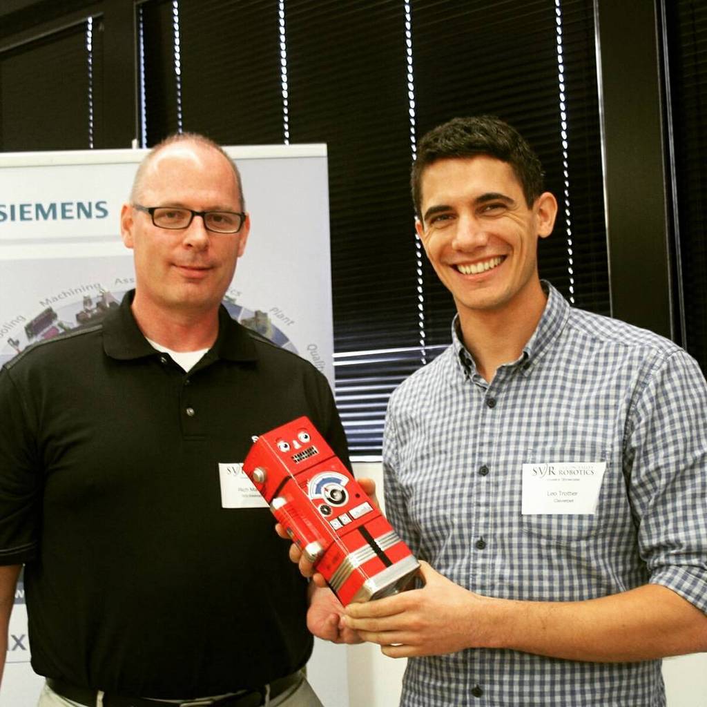 Otherbots's tweet image. Meet Victor, our #robotofvictory.
Here he is with Leo, accepting the Grand Prize at #RobotLaunch2015. We were thri…