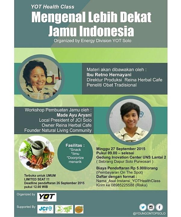 JamuDay's tweet photo. Pelatihan Jamu Minggu 27 Sept 2015 di Solo, IDR 5k / person 😊 organized by YOT Solo http://t.co/OztElfoELc