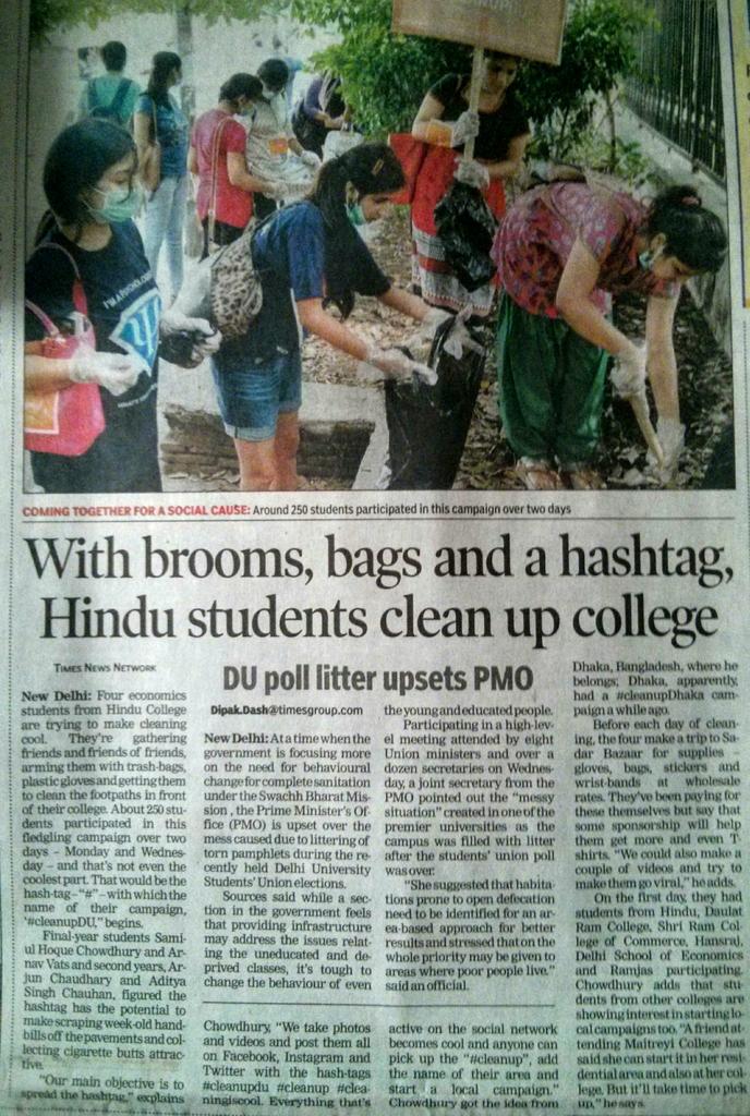 ShreyaR_C's tweet photo. Hindu Clg kids want 2 "spread the hashtag" for their cleanliness campaign. Here we go: #cleanupdu #cleanup @TOIDelhi http://t.co/hVUa9OHlKe