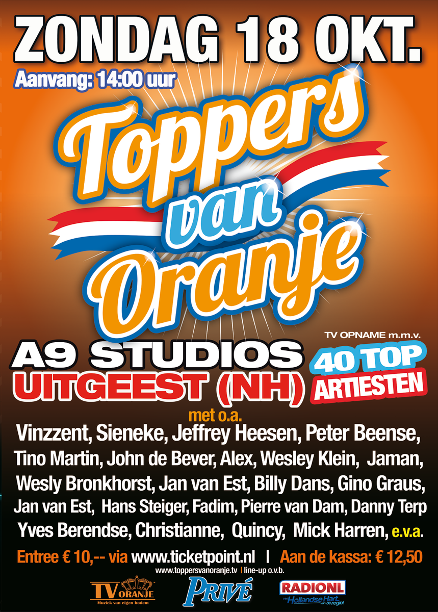 ToppersvOranje's tweet photo. Met @tvoranjenl @radionlfm en @prive_nl op zo. 18 okt. a.s. naar @a9studios in Uitgeest voor @ToppersvOranje http://t.co/MSZVwqMGZD