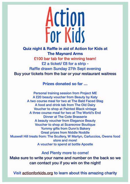 AmyMSUK's tweet photo. Don't forget BIG CHARITY QUIZ &amp; RAFFLE! @MaynardThe #prizes. Thank you @baldfacedstagn2 @dunnsbakery @ActionForKids http://t.co/E7rd94NVKf