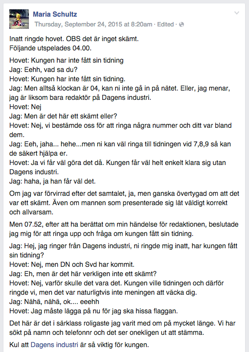 Kungen har inte fått sin tidning. @schultzmia berättar om ett ovanligt telefonsamtal i morse.