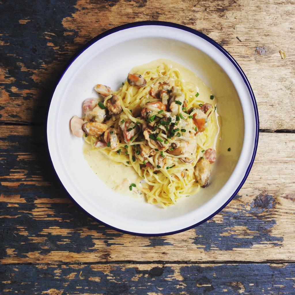 Boopshi's Lunch Special - Taglierini, speck, mussels, cider and Crème fraîche #lunch #sorted