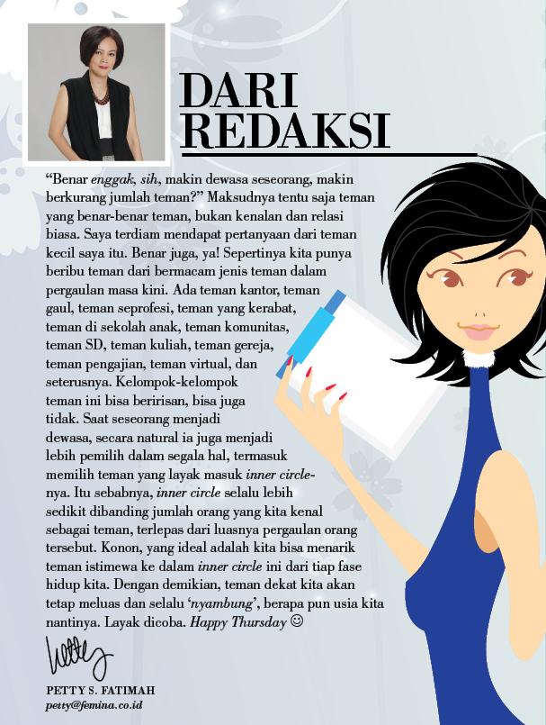 "Yang ideal adalah kita bisa menarik teman ke inner circle ini dari tiap fase hidup kita." <a href="/petz09/">petty s fatimah</a> #femina baru
