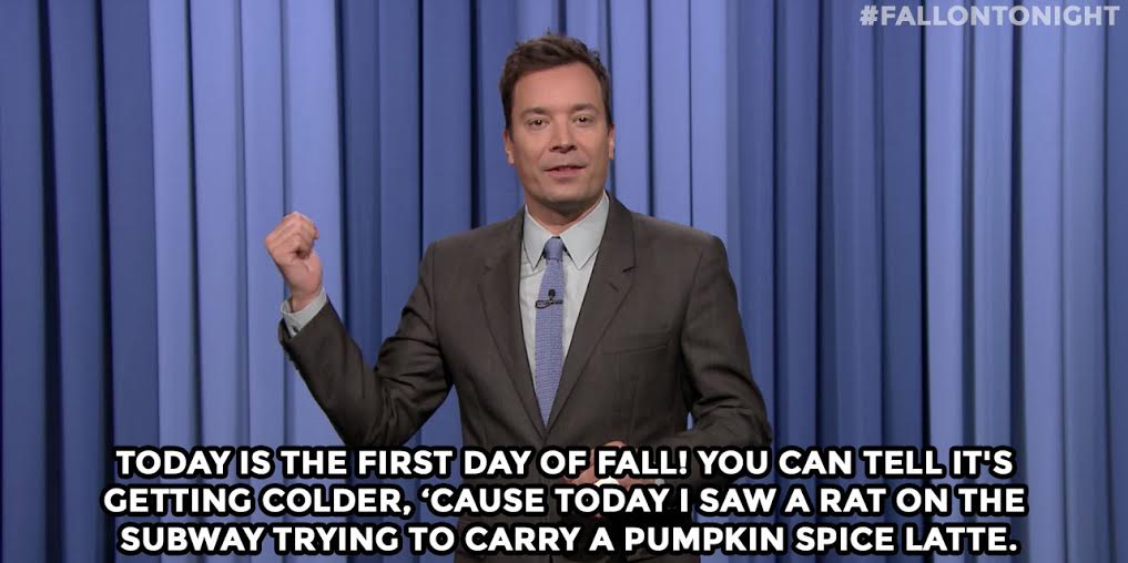 FallonTonight's tweet photo. "Today is the first day of Fall! you can tell it's getting colder, 'cause today I saw a..." http://t.co/5fQfE4wEdI http://t.co/FIVb9fF0wj