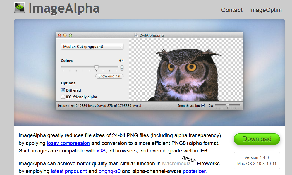 wiwer77's tweet photo. #Mac #OSX #apps
#ImageAlpha réduit la #taille des fichiers de fichiers #PNG #24bits
http://t.co/1FceesnG1t http://t.co/R5hYJbWHSS