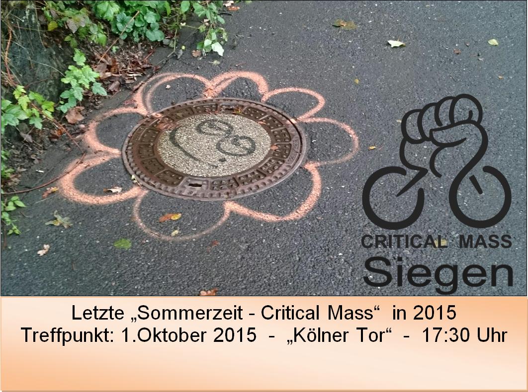 Bitte notieren: Letzte "Sommerzeit - Critical Mass" in Siegen am 1.Oktober 2015. Treffpunkt: Kölner Tor,17:30 Uhr :-)