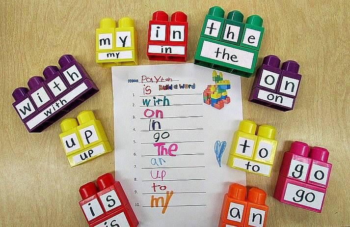 Great idea! Building and matching words using blocks.