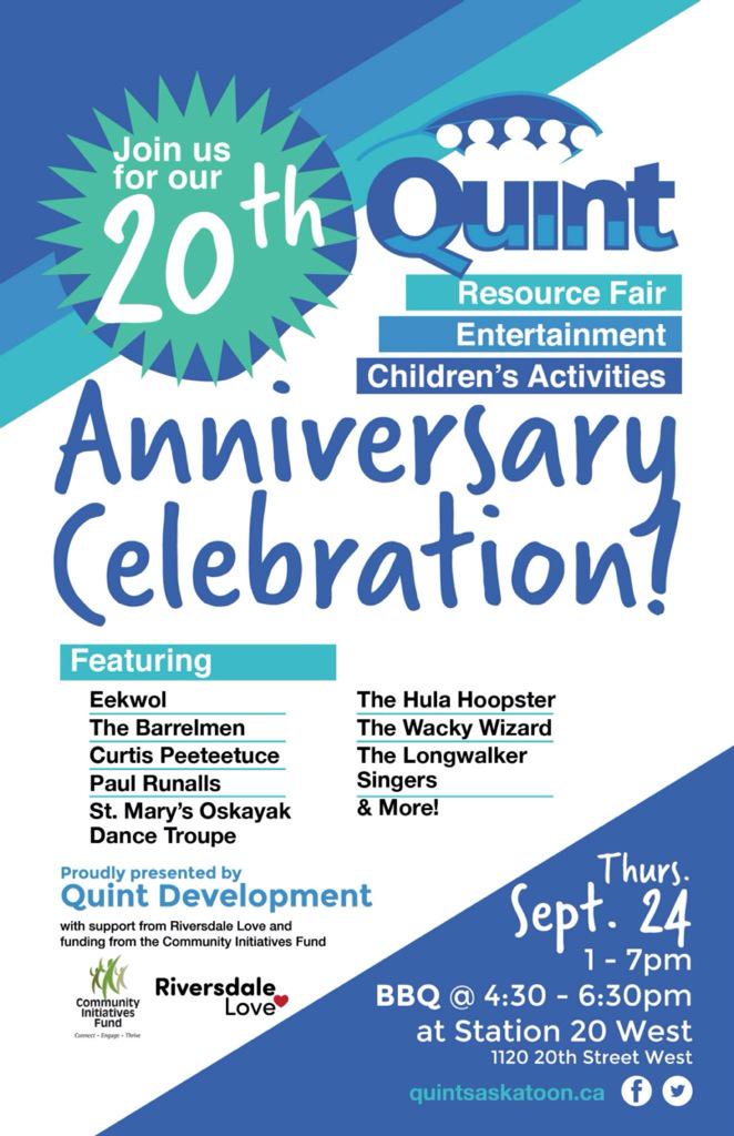 .<a href="/quintsaskatoon/">Quint Saskatoon</a> 20th Anniversary Celebration today 1-7p <a href="/station20west/">Station 20 West</a> <a href="/RiversdaleLove/">Riversdale Love</a> <a href="/RiversdaleBID/">RiversdaleBID</a> #yxe