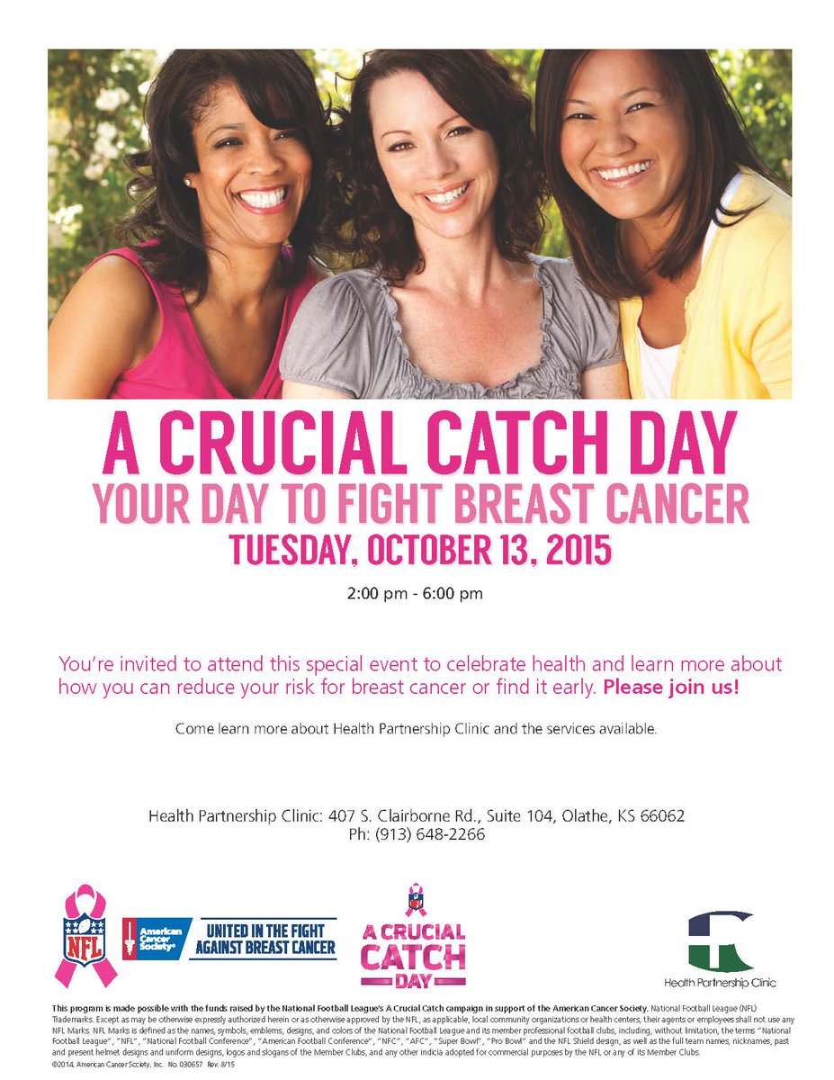 HPChealth's tweet photo. Join HPC on Tuesday, Oct. 13 at our clinic in Olathe for A Crucial Catch Day. Fun, games and more. #NFLPink #HPCCares http://t.co/HDbhkkOUov