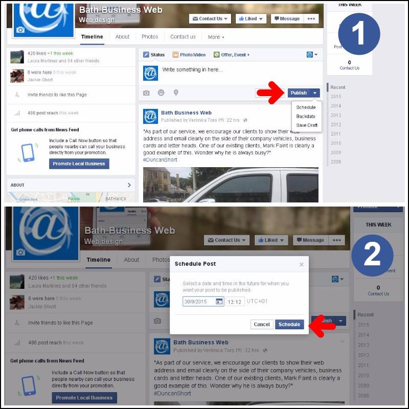 bathbusinessweb's tweet photo. Scheduling a post on #Facebook allows you to keep your page updated while you work on other things. #FacebookAdvice http://t.co/G0l9hvm6n1