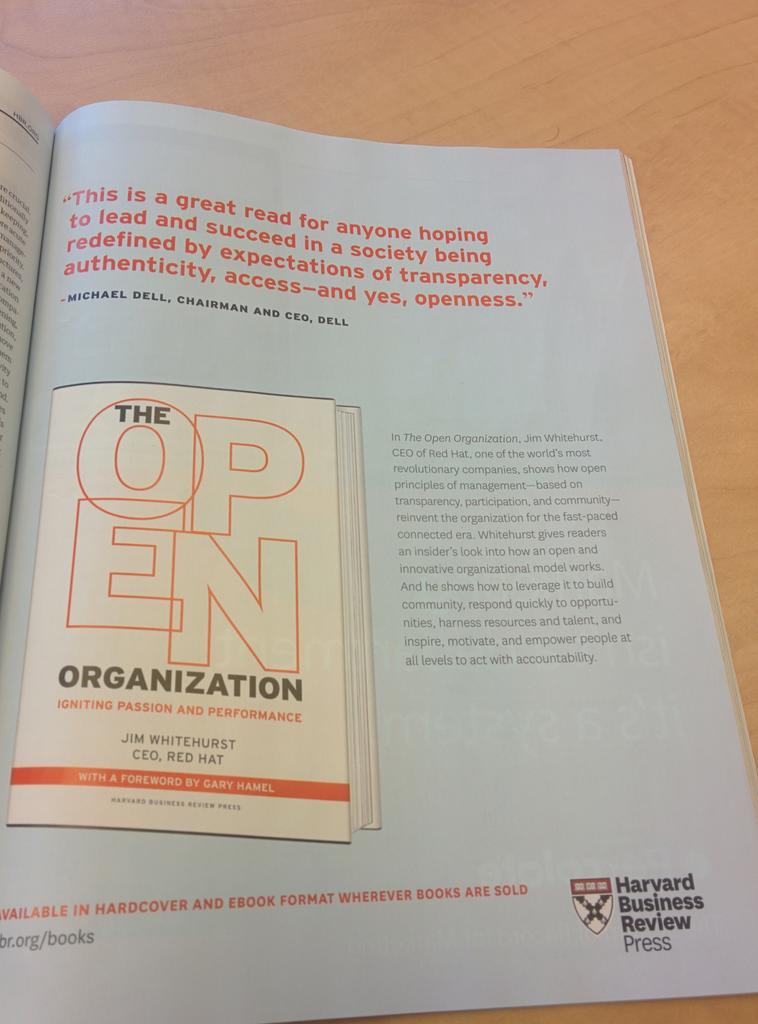 NicksHarvey's tweet photo. Reading my latest #HBR issue like I always do, and man was I proud to see this in there. #RedHat #OpenOrgBook http://t.co/oJEJawvgKG