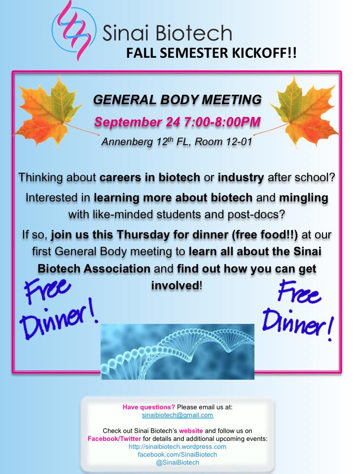 SinaiBiotech's tweet photo. Come to Anbg 12-01 TONIGHT at 7PM for our General Body Meeting! Learn about SBA, get involved, and enjoy free dinner! http://t.co/FQqOsdRMHE