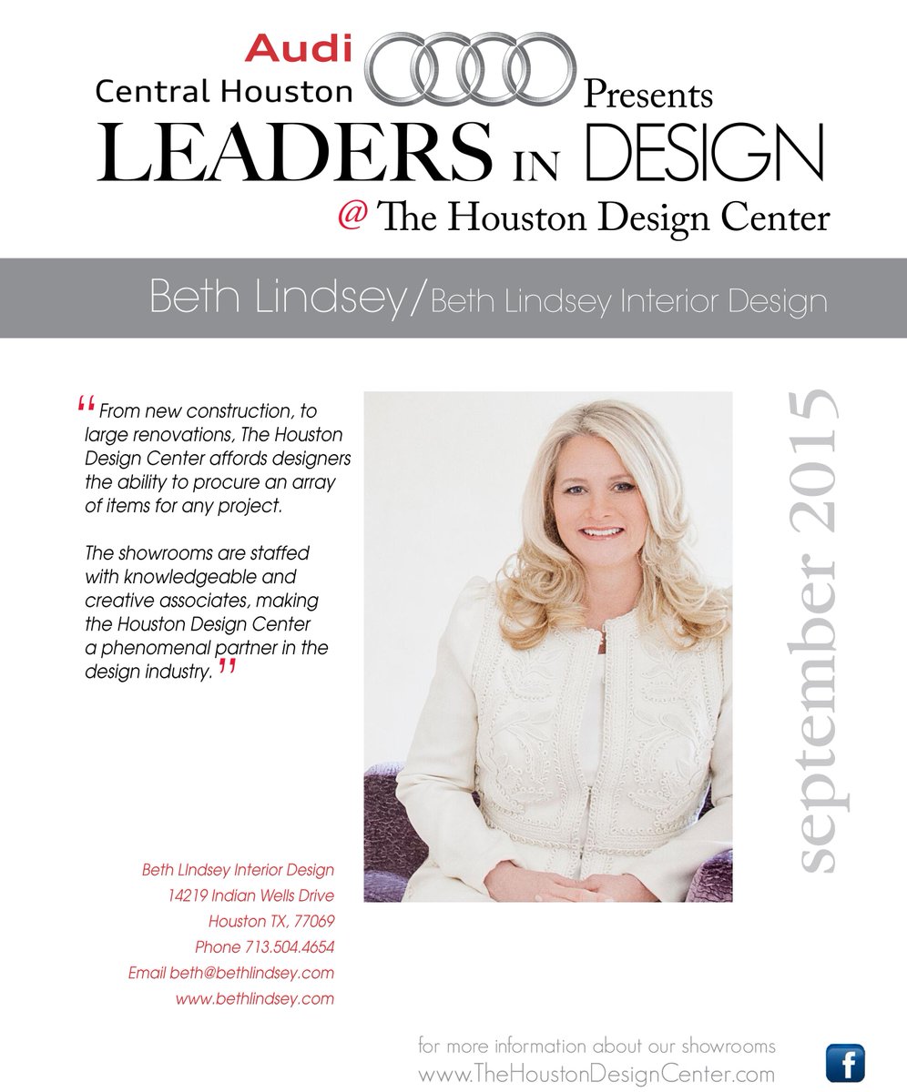 HouDesignCenter's tweet photo. Congratulations to our @MomentumAudiHou September #LeaderInDesign, @BethLindsey60 of Beth Lindsey Interior Design! http://t.co/XVR19IMz2a
