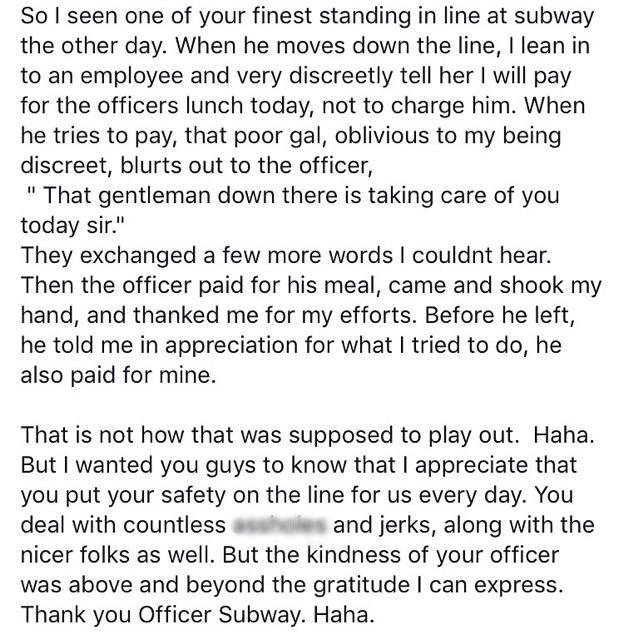 GrandJunctionPD's tweet photo. A heart warming story that starts at a Subway - a big thank you from our officer! #CopsGiveMoreThanTickets #GVCopBeat http://t.co/ZyOU2vnLtJ