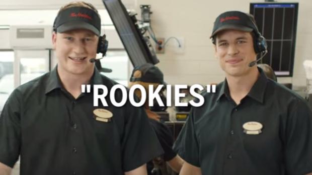 CBCNews's tweet photo. Sidney Crosby, Nathan Mackinnon Tim Hortons employees in training http://t.co/wYQMxPJQes http://t.co/lCjGFKfMf9