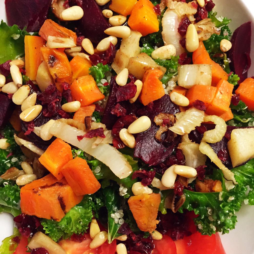 HulaJuiceBar's tweet photo. Quinoa & Kale salad was a hit, served with roast sweet potato, fennel, parsnip, carrot, pinenut, cranberry #backtomo http://t.co/lHiZuSG8M9