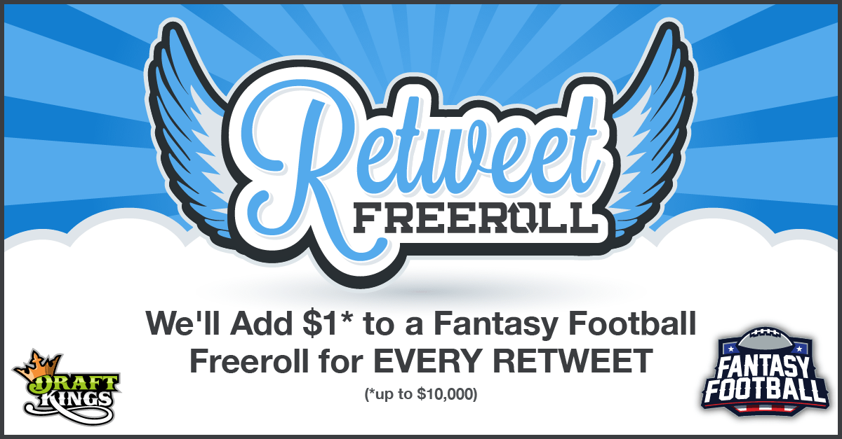 DraftKings's tweet image. For every rewteet, we'll add $1 to a #FantasyFootball Freeroll this Sunday! RT by tomorrow (9/25) at 5pm EST!