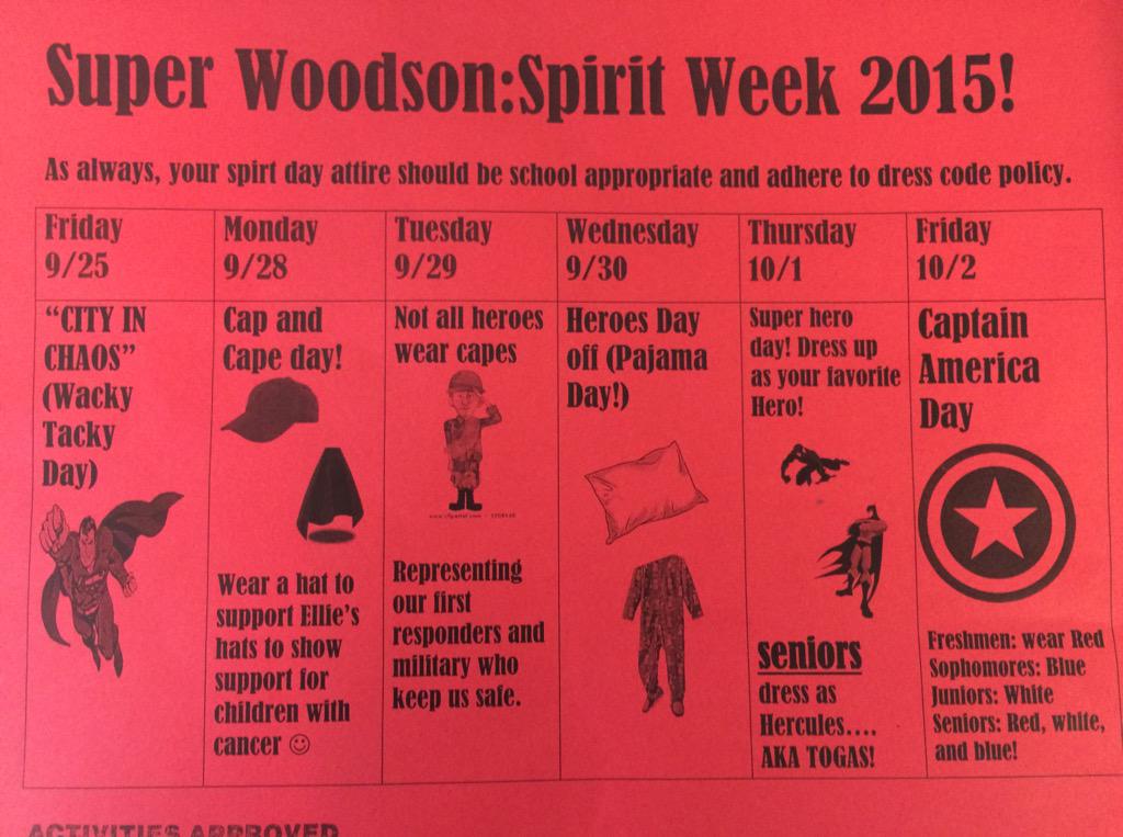 WTWSpiritWeek's tweet photo. These are your SuperWoodson homecoming spirit days!! It all starts tomorrow!! http://t.co/oI628hiLSJ