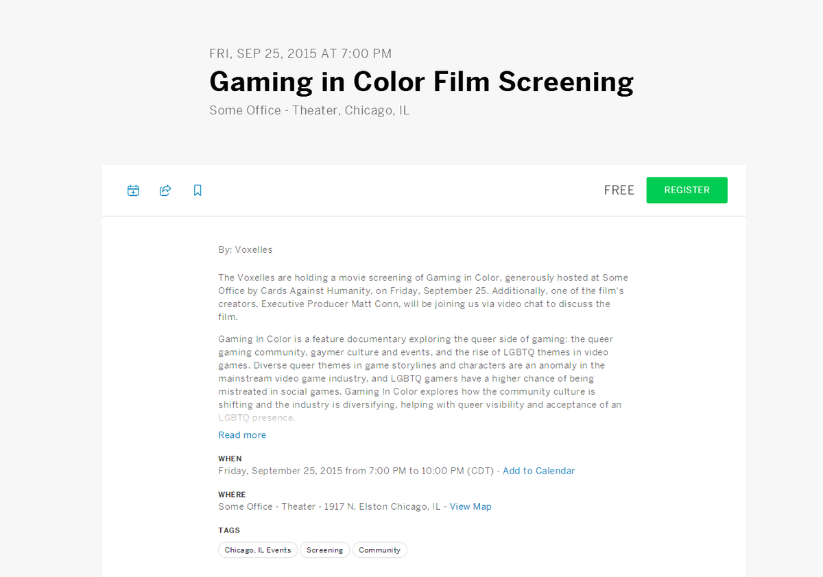 IAMColumbia's tweet photo. The Voxelles are holding a movie screening of Gaming in Color...https://t.co/uDoLjz3fXX #Voxelles #gamingincolor http://t.co/IgxtRWtrJv