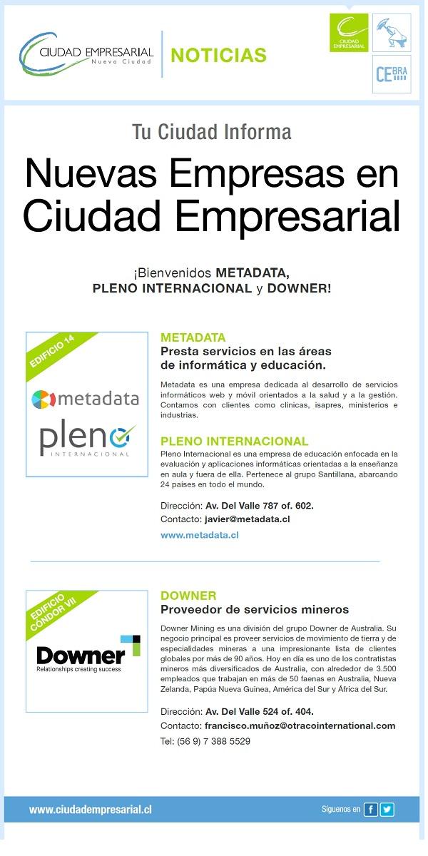 ciu_empresarial's tweet photo. Le damos la bienvenida a las empresas Downer, Metadata y Pleno Internacional a @ciu_empresarial http://t.co/VLwzNEj3KX
