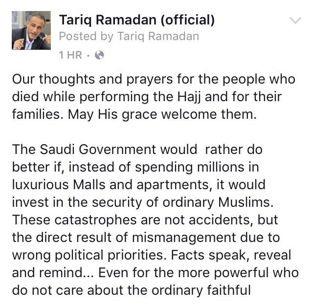 TariqRamadan's tweet photo. #SaudiArabia Our prayers for the victims and their family. Yet what happened is not an accident... http://t.co/A8DGqduEUC