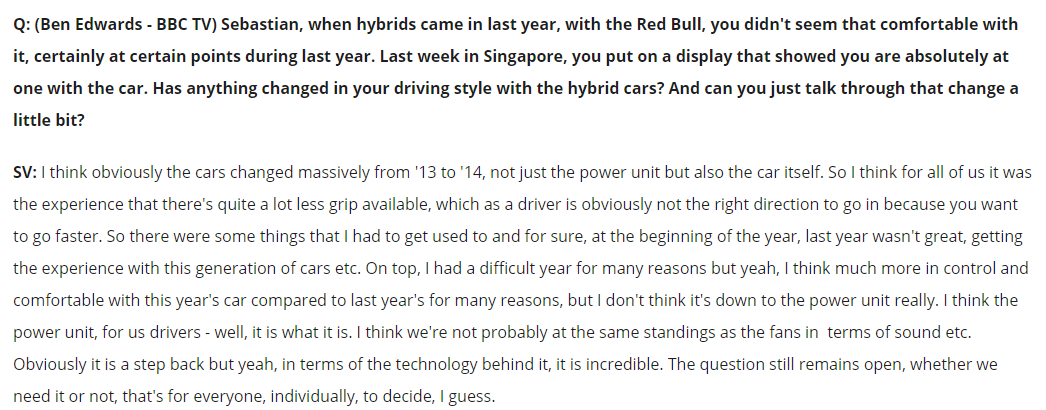 sebvettelnews's tweet photo. Sebastian Vettel talks about the hybrid technology in F1 &amp; getting used to it.

#F1 #Seb5 http://t.co/v8BVhk59hP