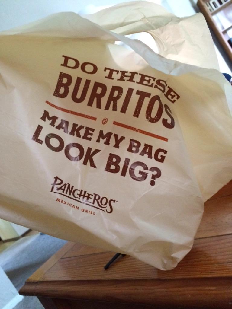 PackagingStrong's tweet image. @pancheros always using humor. This to go bag design makes me laugh. #packagingdesign #togopackaging
