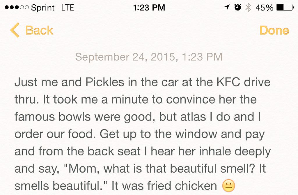 PicklesSays_'s tweet photo. Who describes it that way?! #KFC #FriedChicken #Pickles #ThingsSheSays #PicklesSays #mykid @Just_MMel http://t.co/SP5b1BePPd