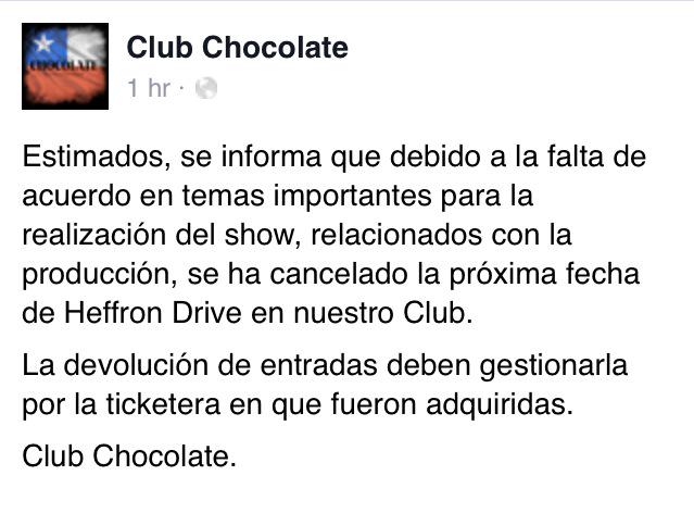 HDUpdates_CL's tweet image. Club Chocolate confirmó la cancelación de la fecha que tenían los chicos en Chile 😞