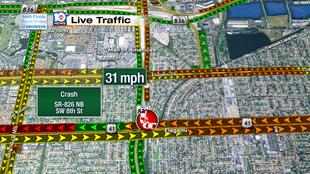 Crash on SR-826 NB at SW 8th St. Speeds at 31mph #traffic #miami @JeniseFernandez http://t.co/f5dWt4MMam