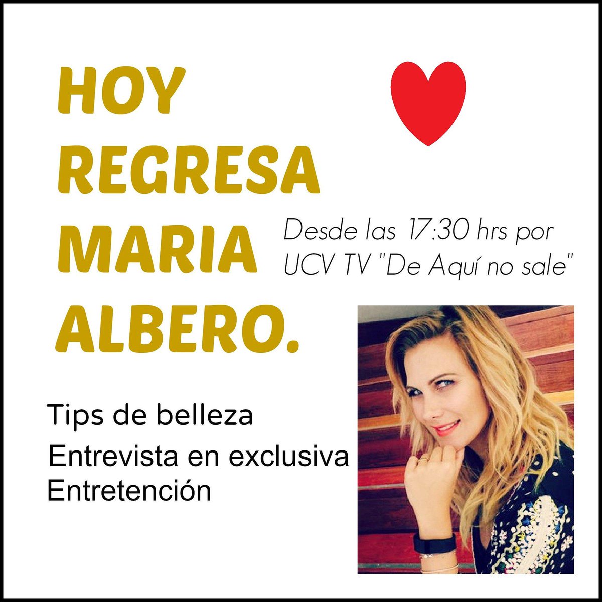LindaMaryAlbero's tweet photo. En minutos no debe perderse @deaquinosaletv estará @maria_albero que tanto se extrañaba 💕 #TeQueremosMaria http://t.co/UVYOqpiECt
