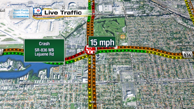 Crash on Dolphin Expy WB at Lejuene Rd. Speeds at 15mph #traffic #miami @JeniseFernandez http://t.co/6zLzgTIFpD