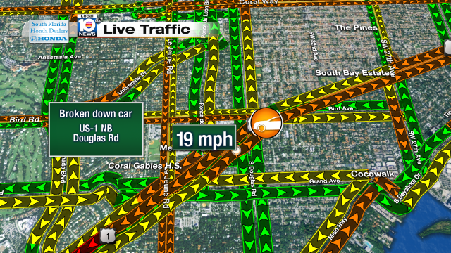 Broken down car on US-1 NB at Douglas Rd. Speeds at 19mph #traffic #miami @JeniseFernandez http://t.co/GuKQFiozpW