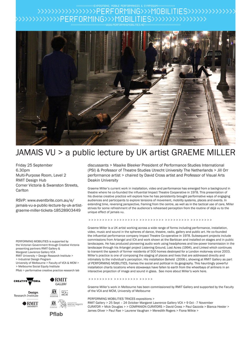 PerfMob's tweet photo. TODAY! 6:30 pm > Public lecture by Graeme Miller > RMIT Design Hub Level 1 Registration open http://t.co/YMJ194rqvO http://t.co/i1t7dZpG7D