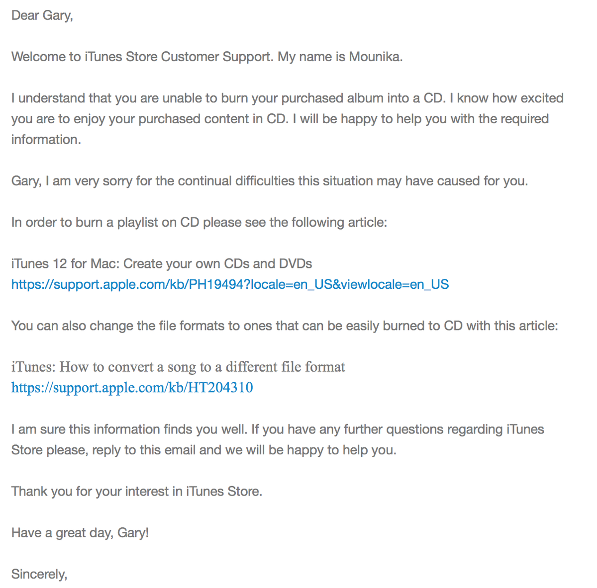 squidknits's tweet photo. @iTunes @AppleMusic Bug breaks burning CD of purchased items when you have Apple Music. Support doesn't even read... http://t.co/ZcpAaijKdl