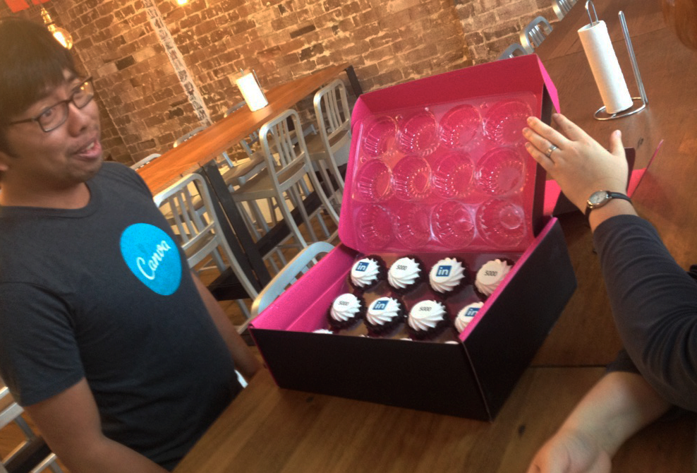 canva's tweet photo. Celebratory cupcakes from @linkedin – the best way to start the morning! #friday #sweettreats #startuplife http://t.co/1iawm8KRcn
