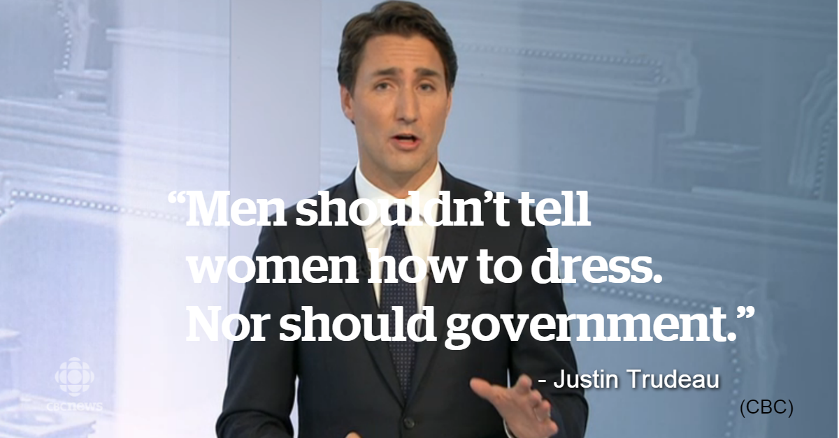 CBCNews's tweet image. “Men shouldn't tell women how to dress. Nor should government.” - Justin Trudeau cbc.ca/1.3241413