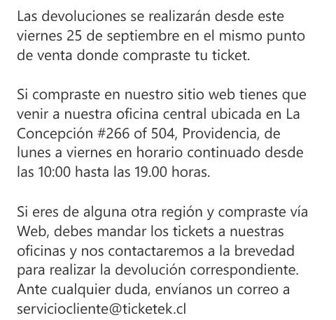 HDUpdates_CL's tweet image. Las entradas se podrán devolver desde mañana 25 de Sept., deben revisar dependiendo de cómo compraron las entradas