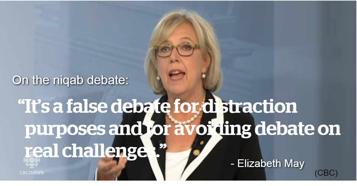 CBCNews's tweet image. "It's a false debate for distraction purposes," Elizabeth May on the niqab debate. cbc.ca/1.3242417